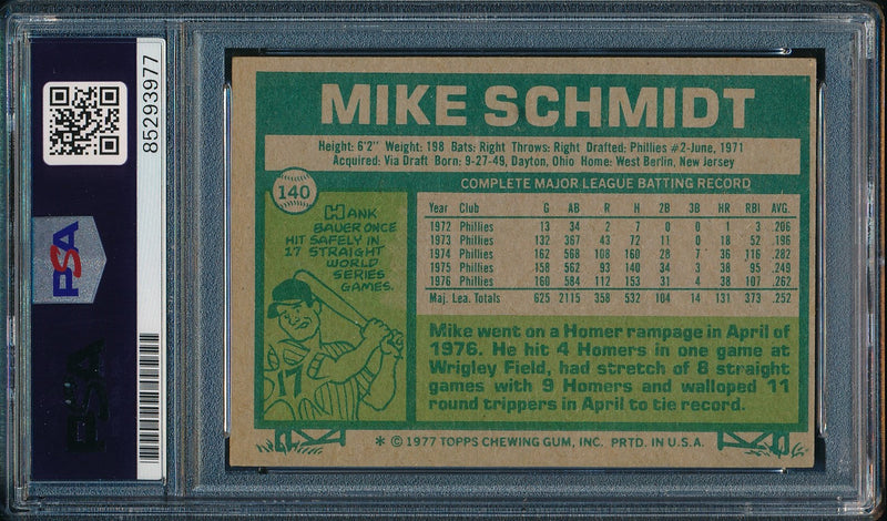 1977 Topps Mike Schmidt Phillies Card #140 Signed PSA/DNA GEM MINT 10 190429