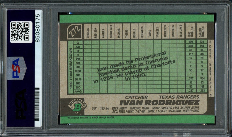 Ivan Rodriguez HOF Autographed 1991 Bowman Rookie Card #272 Rangers PSA/DNA