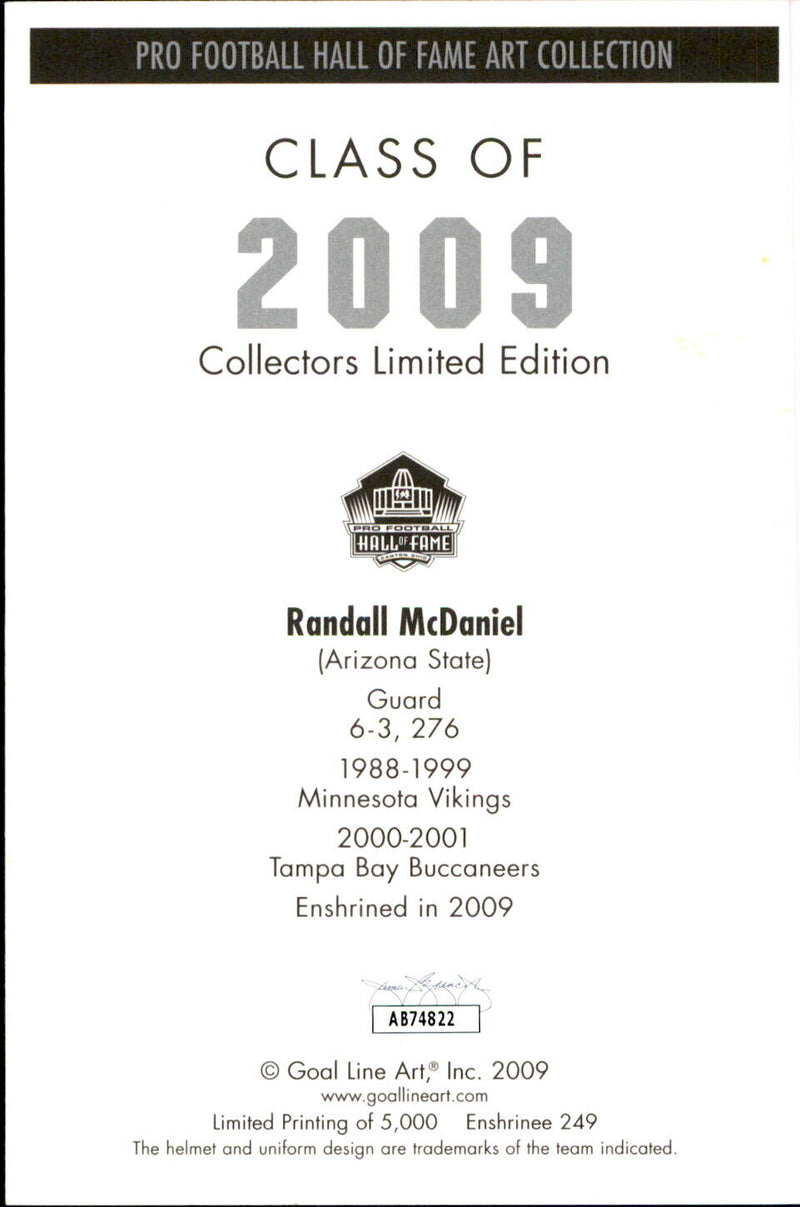 Randall McDaniel HOF Autographed Goal Line Art GLAC Postcard Vikings JSA