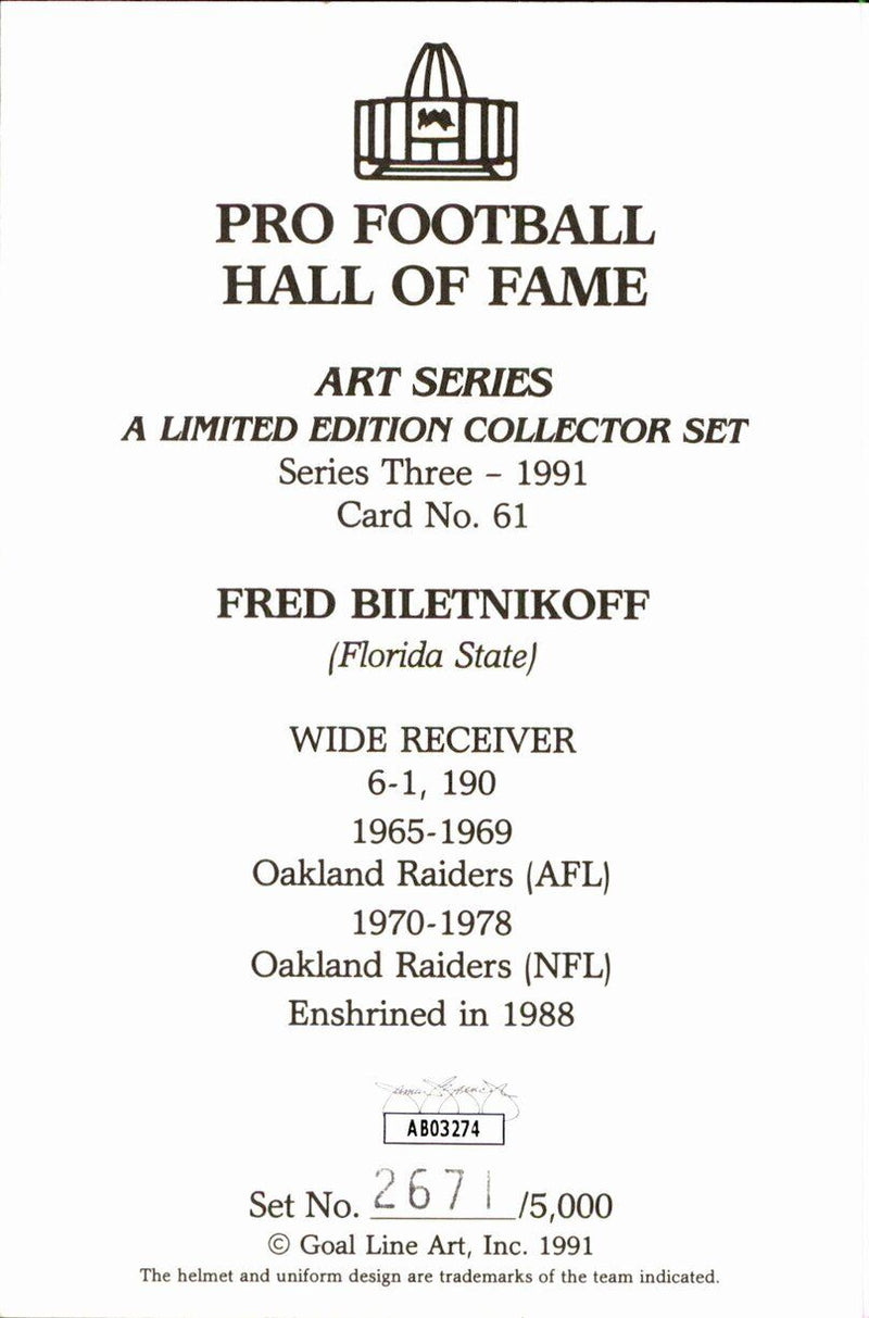 Fred Biletnikoff HOF Raiders Signed/Inscr Goal Line Art GLAC Postcard JSA 167164