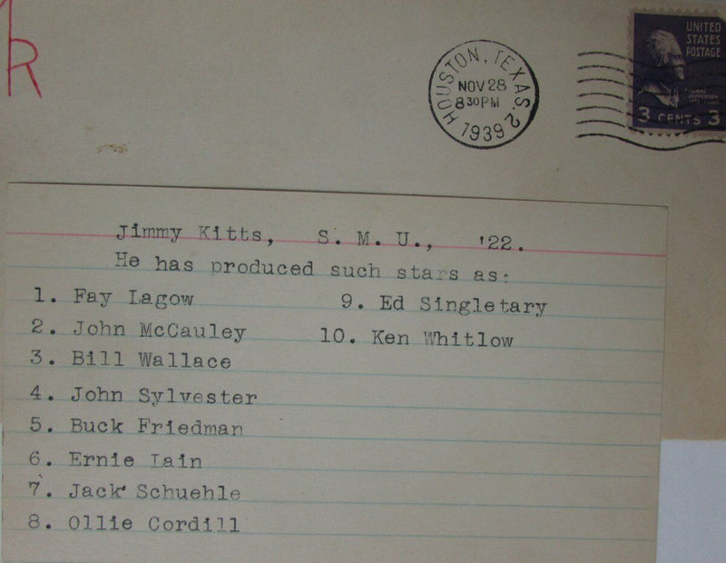 Jimmy Kitts SMU/Rice Owls Head Coach (d. 1952) Signed Note PSA/DNA 145037