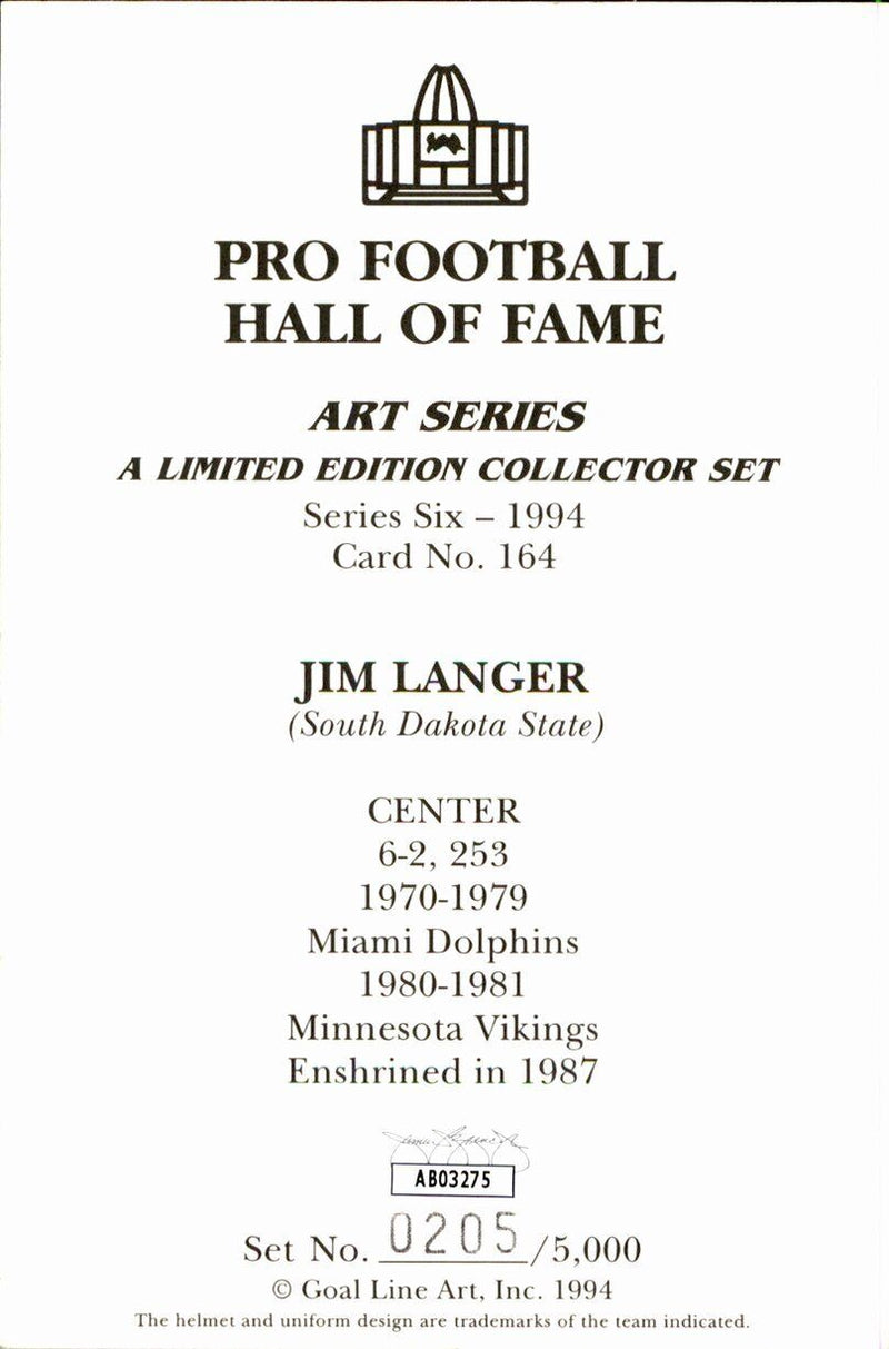 Jim Langer HOF Dolphins Signed/Inscr Goal Line Art GLAC Postcard JSA 167165