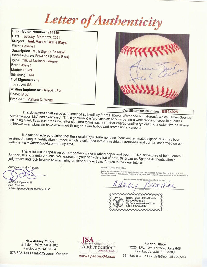Hank Aaron HOF & Willie Mays HOF Dual-Autographed ONL Baseball JSA 171393