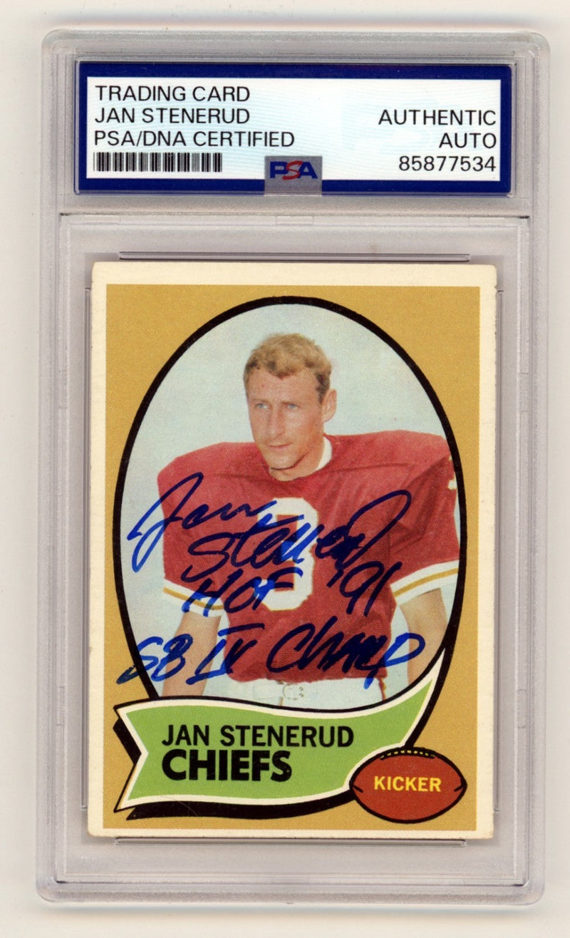 Jan Stenerud 1970 Topps #25 Signed Auto Rookie RC w/ 2 Insc. PSA Authentic Auto