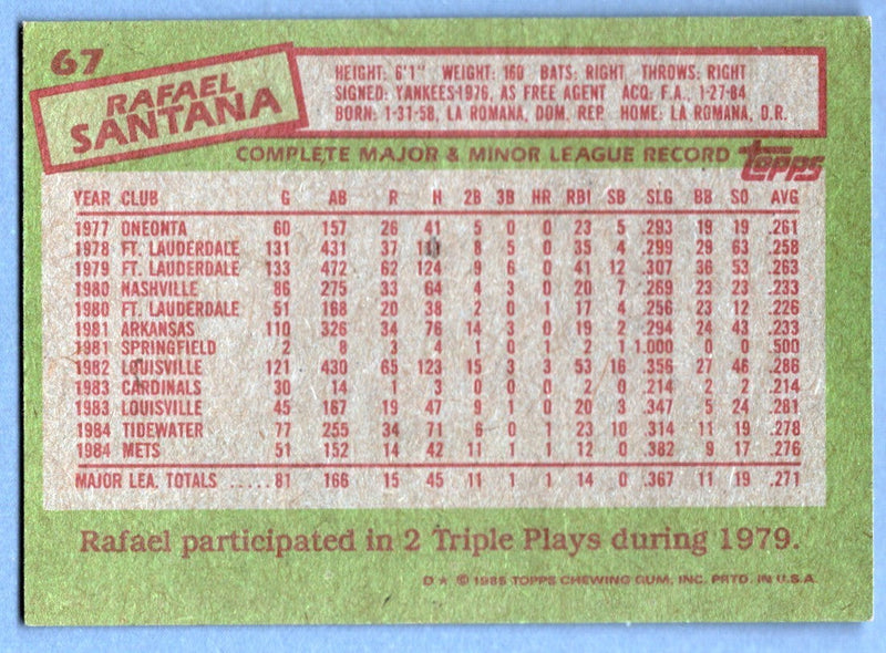 Rafael Santana Signed 1985 Topps #67 Rookie RC w/ 86 WSC Insc. LSCM COA NY Mets