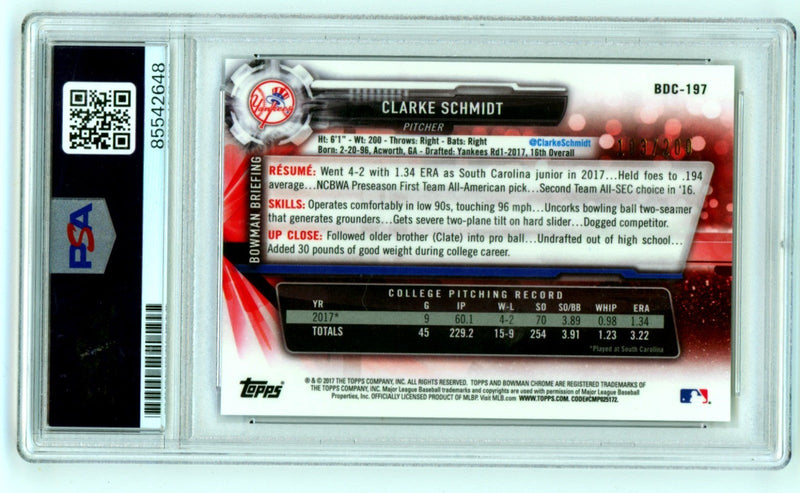 Clarke Schmidt 2017 Bowman Chrome 1st Blue 70th Logo Refractor RC /200 PSA Auto