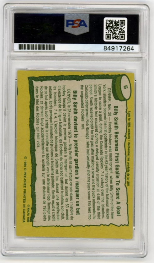 Billy Smith 1980-81 O-Pee-Chee OPC #5 Record Breaker Signed PSA Auth Auto Blue