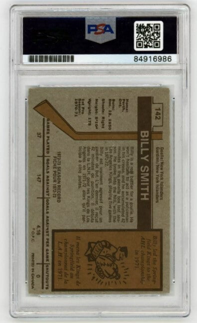 Billy Smith 1973-74 Topps Rookie RC #142 Signed PSA 10 Auto w/ 4 Inscriptions E