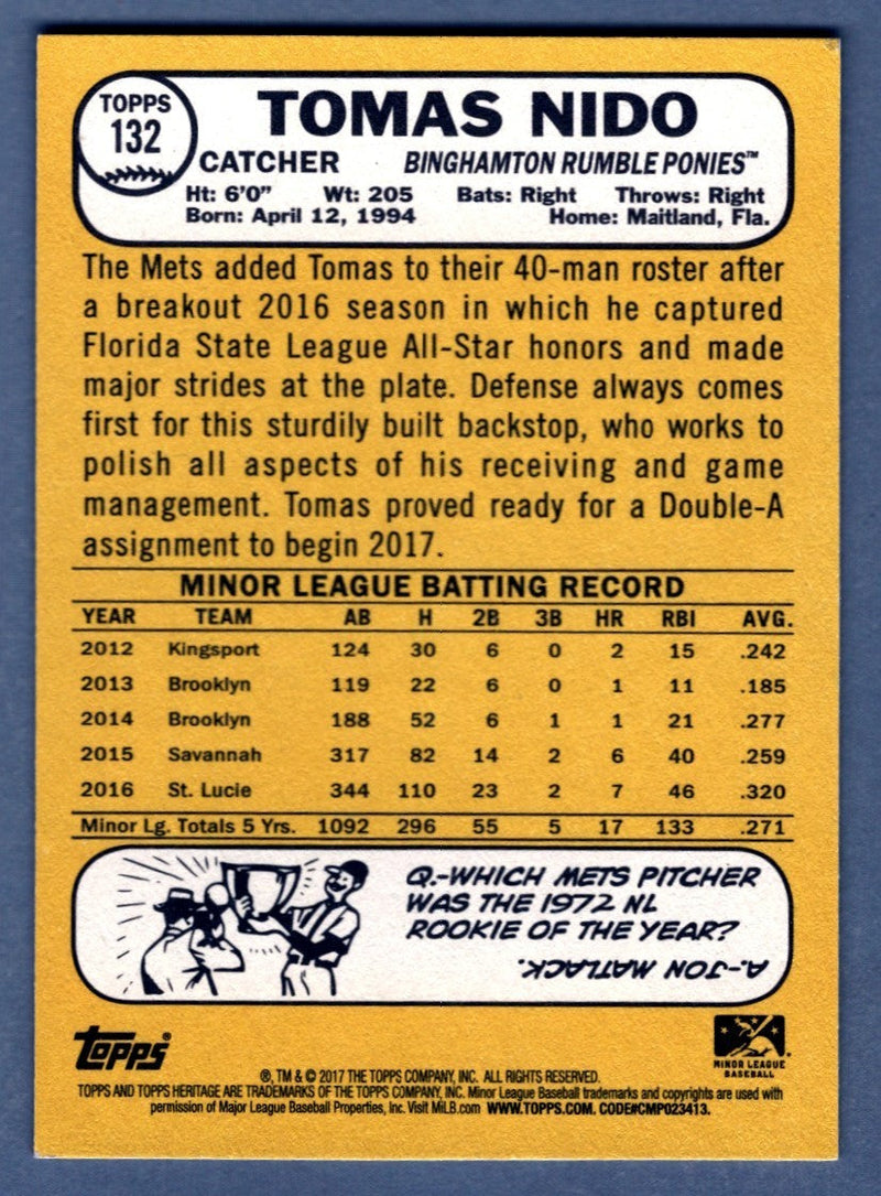 Tomas Nido Signed 2017 Topps Heritage Minors THM #132 Rookie RC New York Mets