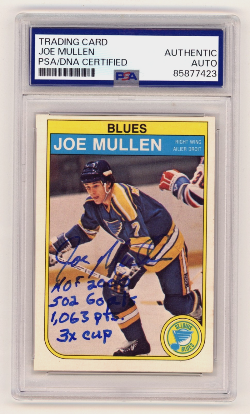 Joe Mullen 1982-83 O-Pee-Chee 307 Signed Rookie RC w/ 4 Insc. PSA Authentic Auto