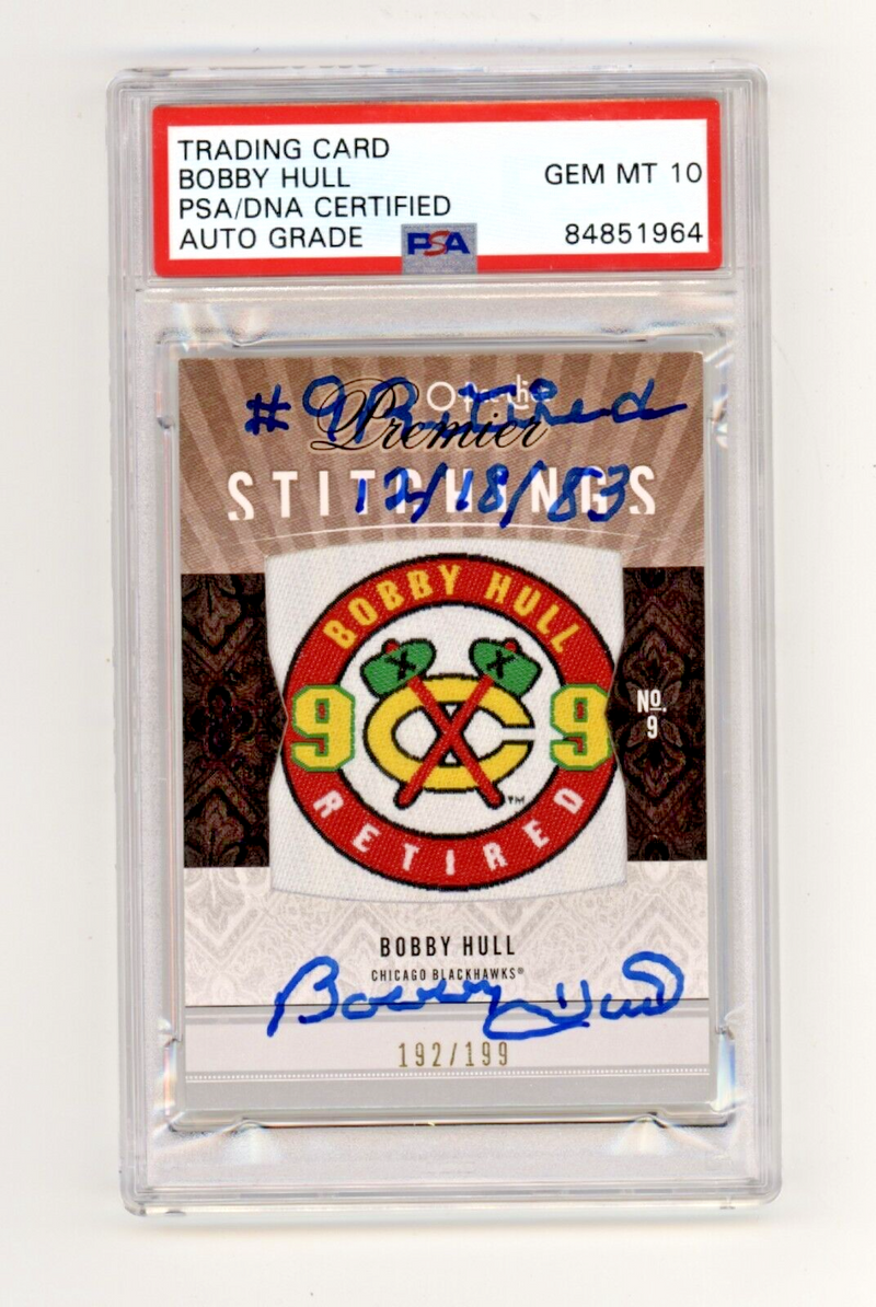 Bobby Hull 2009-10 O-Pee-Chee OPC Premier Stitchings Patch Inscribed PSA 10 Auto