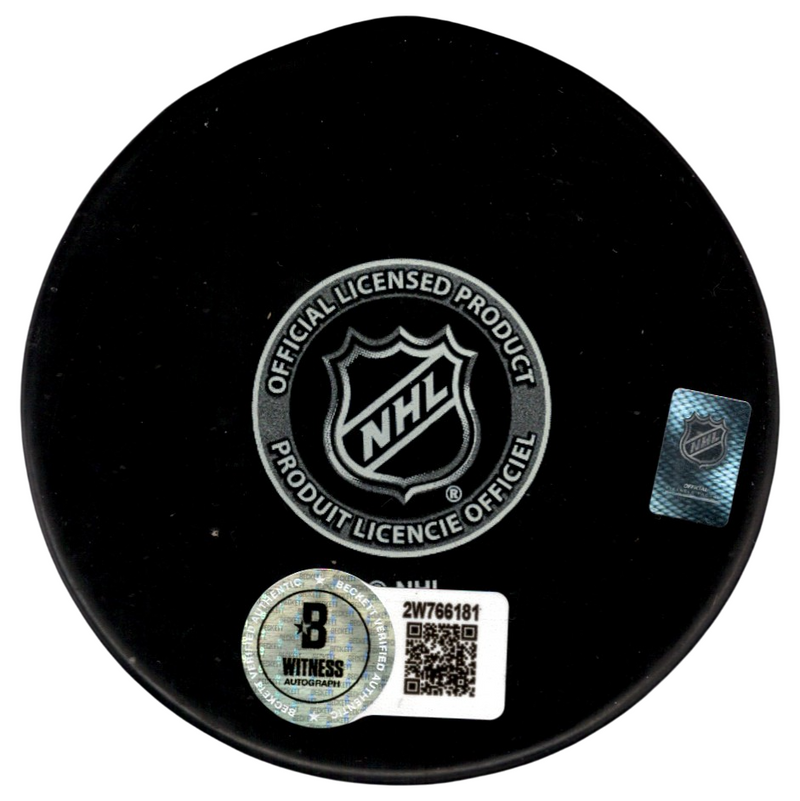 Brian Leetch Signed New York Rangers Puck w/ HOF 09 Beckett Witness BAS COA