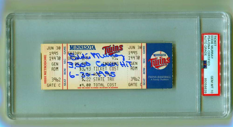 Eddie Murray Signed 3000th Hit Game Ticket 6/30/1995 w/ Inscription PSA 10 Auto