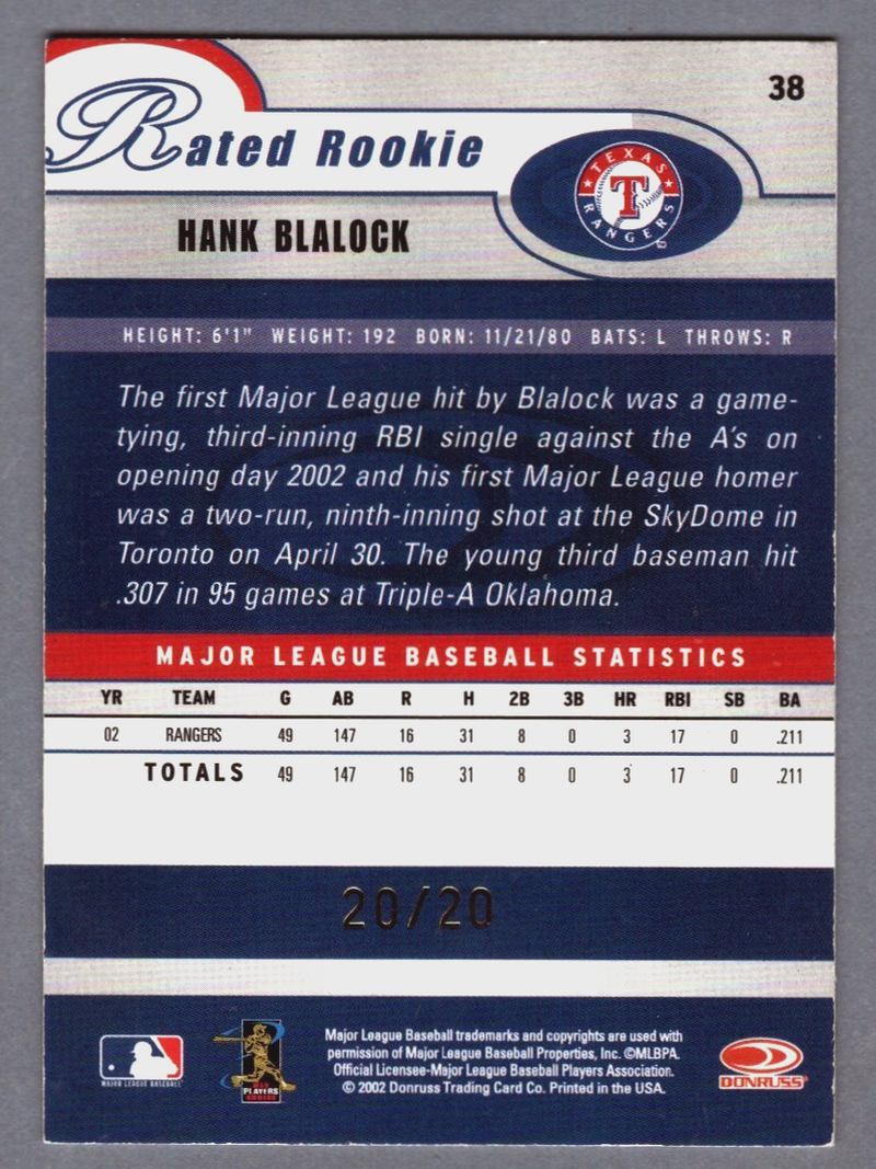 Hank Blalock Signed 2003 Donruss Recollection Rated Rookie RC #20/20 LSCM COA