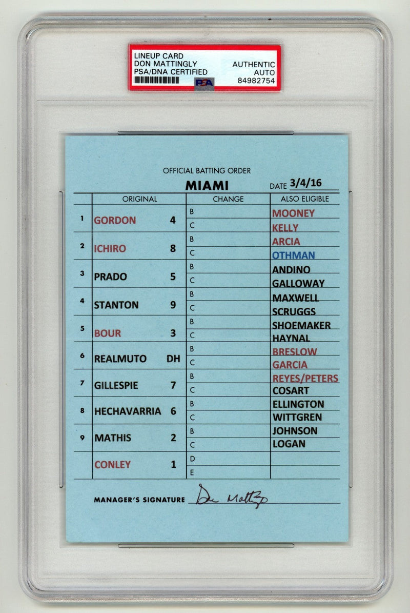 Don Mattingly Signed Marlins Official GU Lineup Card 3/4/16 PSA Authentic Auto