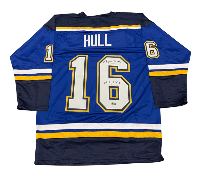 Brett Hull Signed Auto Blues Custom Jersey w/ HOF 2009 Beckett Witness BAS COA