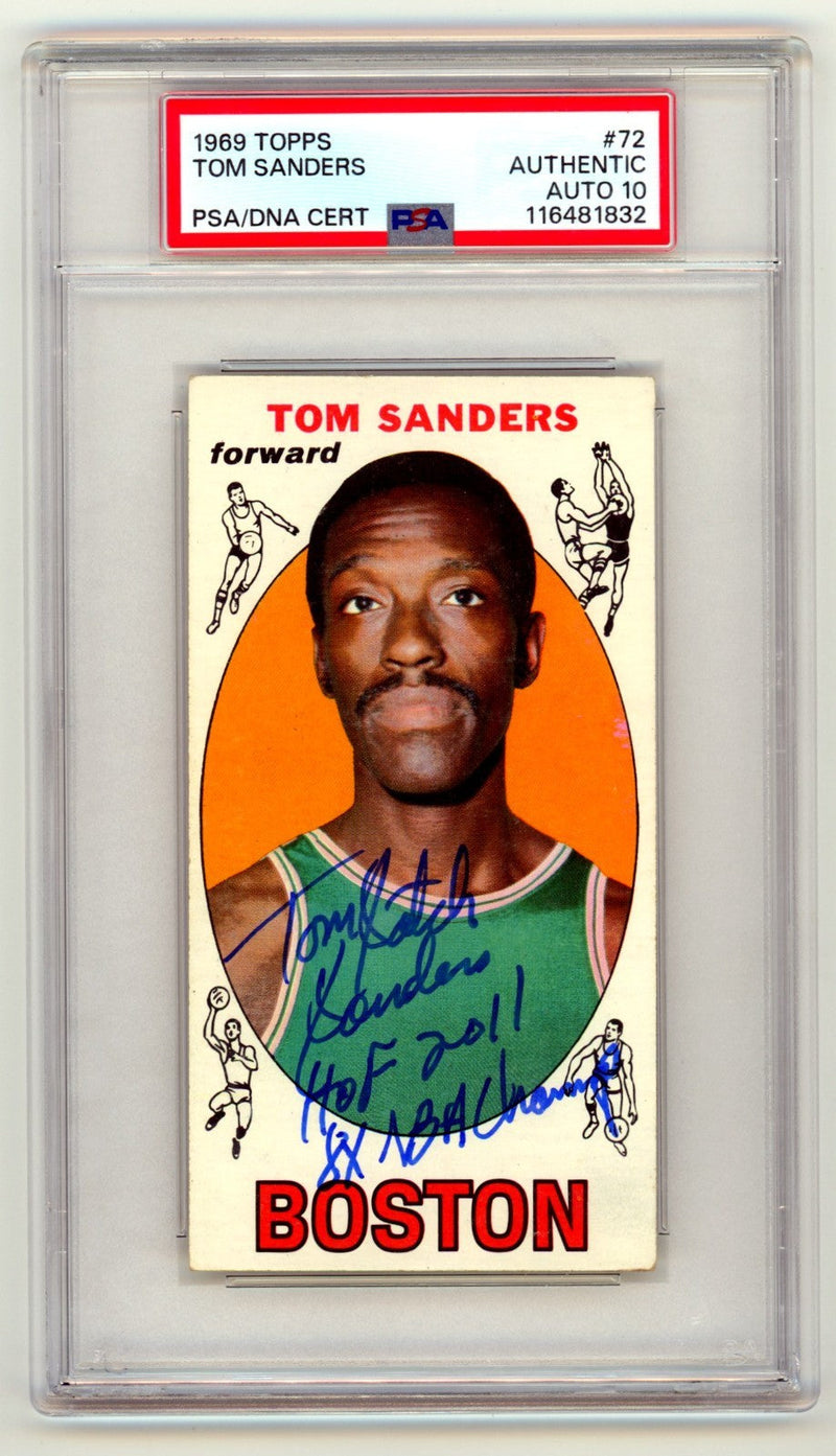 Tom "Satch" Sanders 1969-70 Topps #72 Tall Boy Signed w/ 2 Insc. PSA 10 Auto A