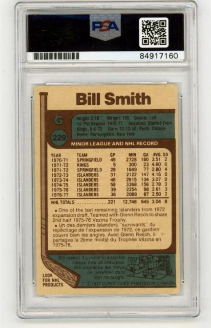 Billy Smith 1977-78 O-Pee-Chee OPC #229 Signed PSA Authentic Blue Auto NYI HOF