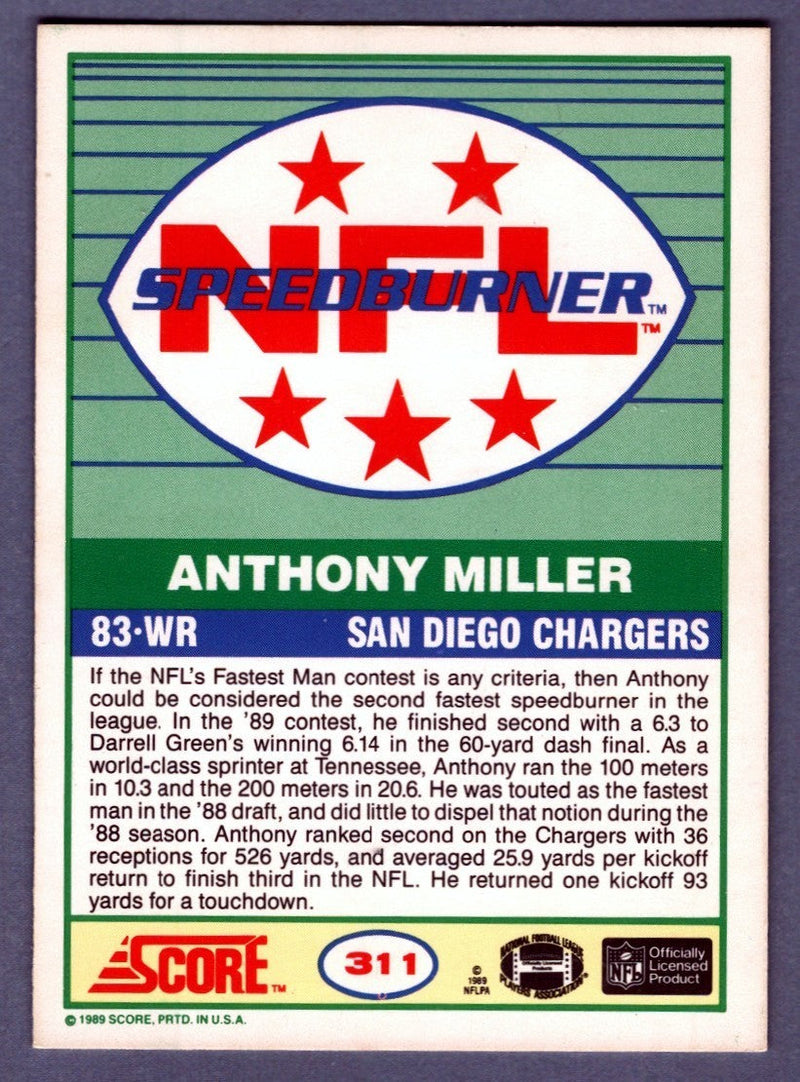 Anthony Miller Signed 1989 Score #311 Speed Burner Rookie RC LSCM COA Chargers