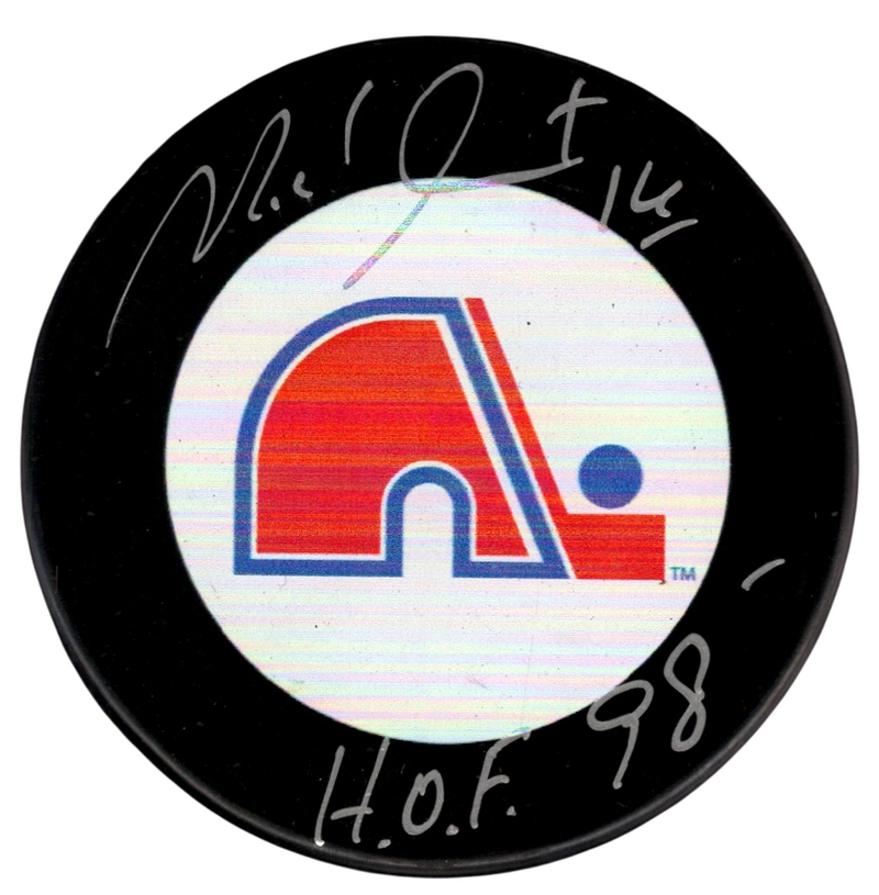 Michel Goulet Signed Quebec Nordiques Puck w/ HOF 98 Beckett Witness BAS COA