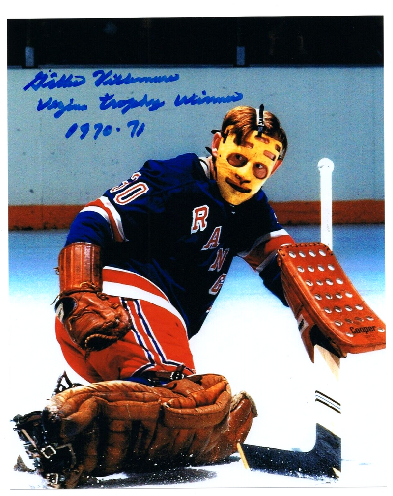 Gilles Villemure Signed Autograph New York Rangers 8x10 Photo w/ Vezina LSCM COA