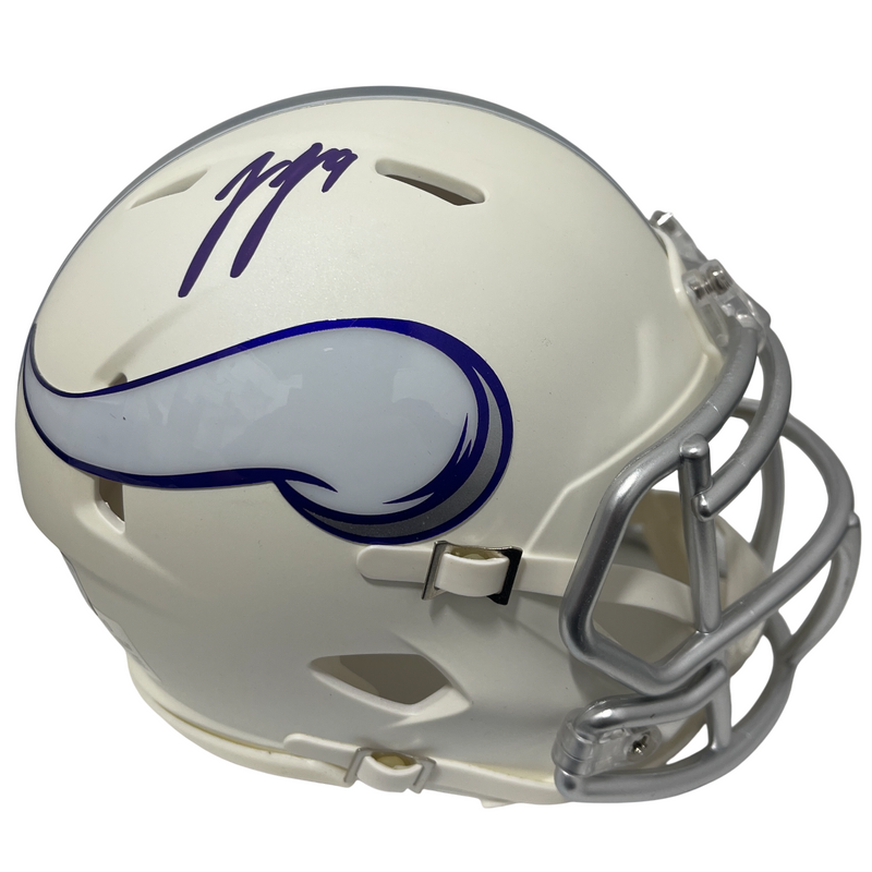 J.J. McCarthy Signed Vikings White Alt 2024 Mini Helmet Beckett Witness BAS COA