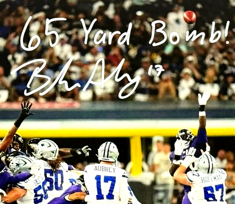 Brandon Aubrey Signed Cowboys 11x14 Photo w/ 65 Yard Bomb Beckett Wit BAS COA