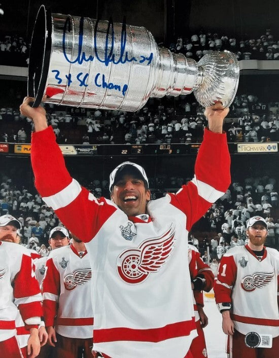 Chris Chelios Signed 11x14 Photo w/ 3x SC Champs Beckett Witness BAS COA