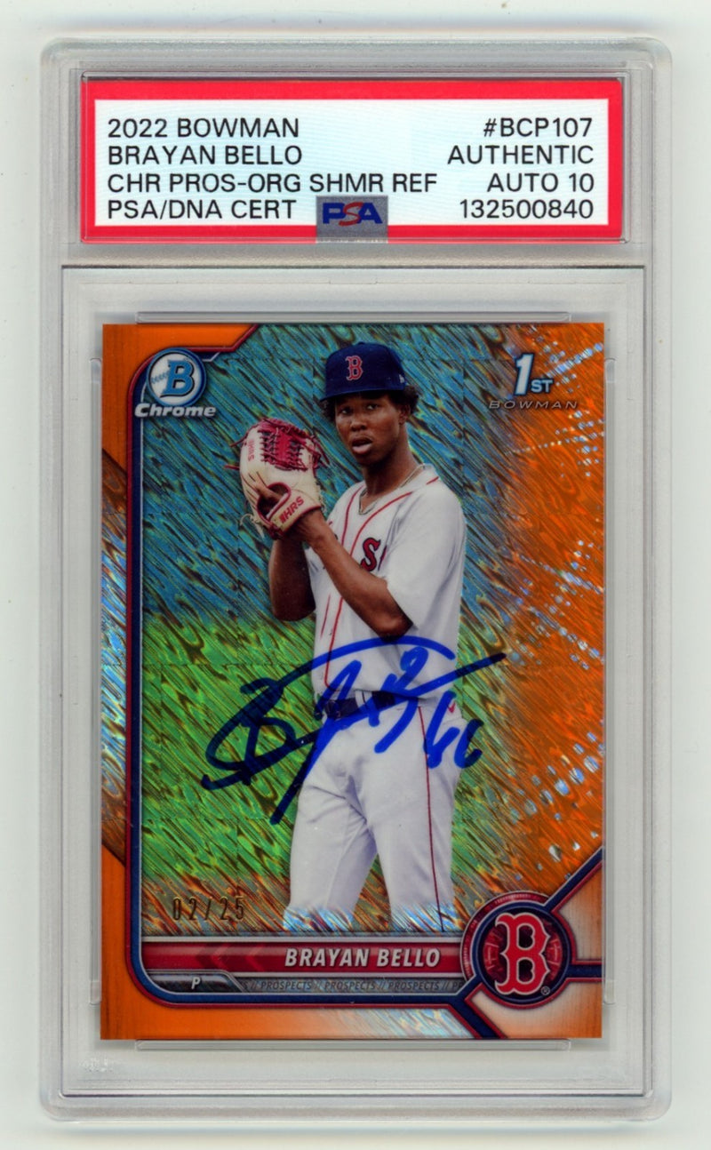 Brayan Bello 2022 Bowman Chrome Orange Shimmer Refractor 1st RC 2/25 PSA 10 Auto