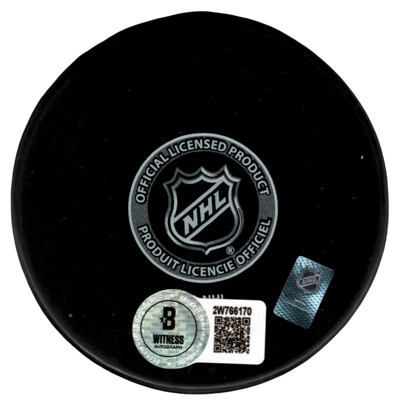 Brian Leetch Signed New York Rangers Puck w/ HOF 2009 Beckett Witness BAS COA