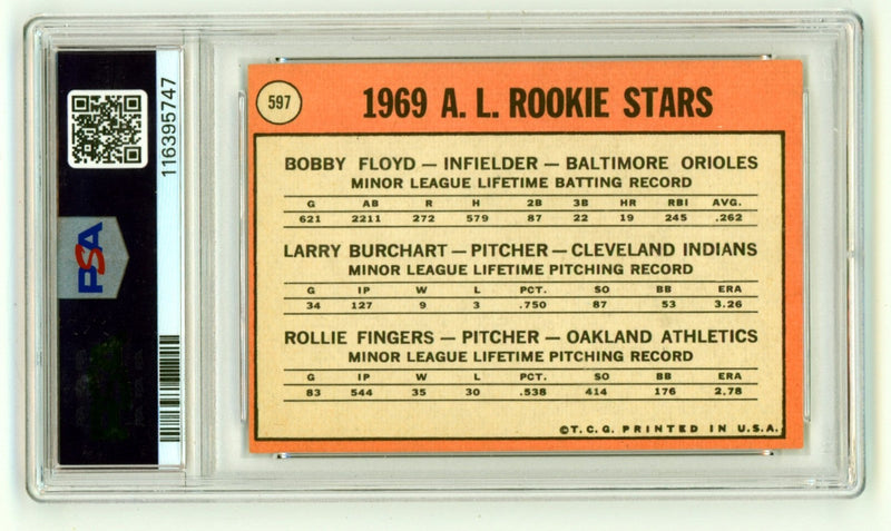 Rollie Fingers 1969 Topps High #597 Rookie RC w/ 3 Insc. Signed PSA 6 Auto 10