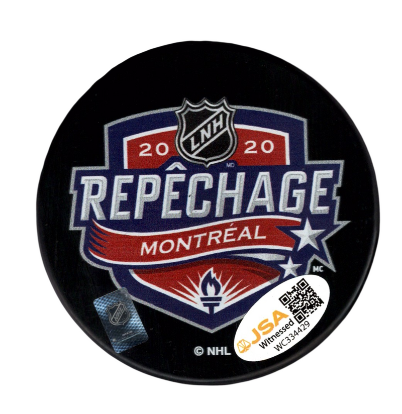 Dawson Mercer Signed Autographed 2020 NHL Draft Puck JSA Witness COA Devils