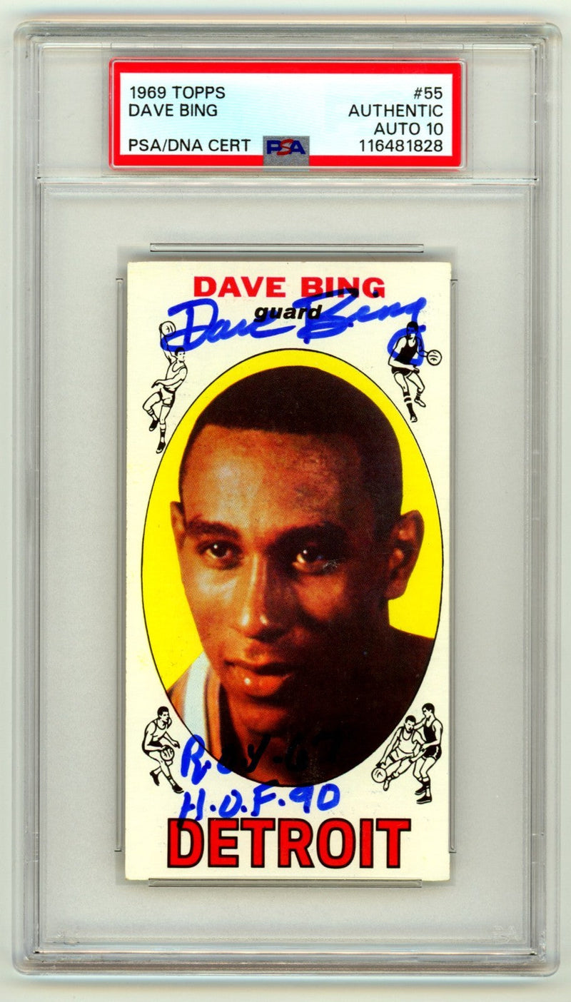 Dave Bing 1969-70 Topps #55 Tall Boy RC Signed w/ 2 Insc. PSA 10 Auto Detroit
