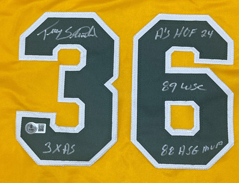Terry Steinbach Signed Athletics Custom Jersey w/ 4 Ins Beckett Witness BAS COA