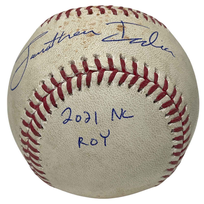 Jonathan India Signed 2021 Rookie Game Used Double Hit Baseball w/ Insc. PSA COA