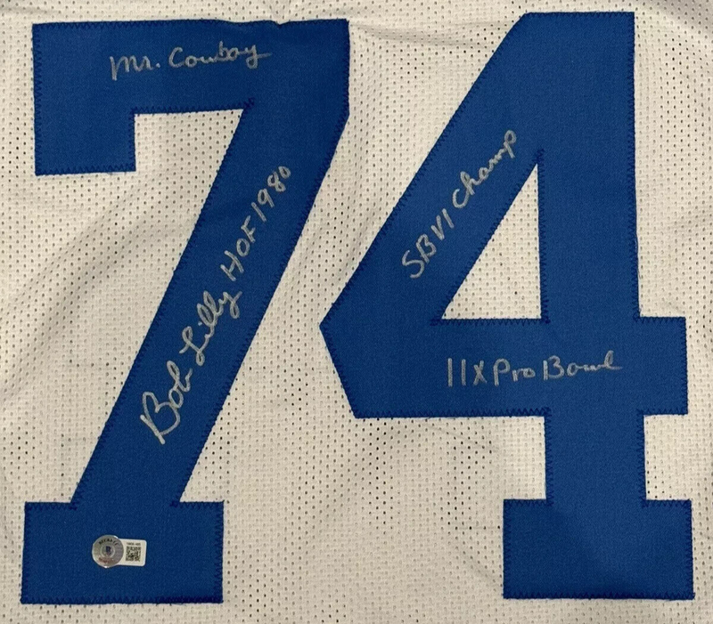 Bob Lilly Signed Dallas Cowboys White Custom Jersey w/ 4 Ins Beckett Wit BAS COA