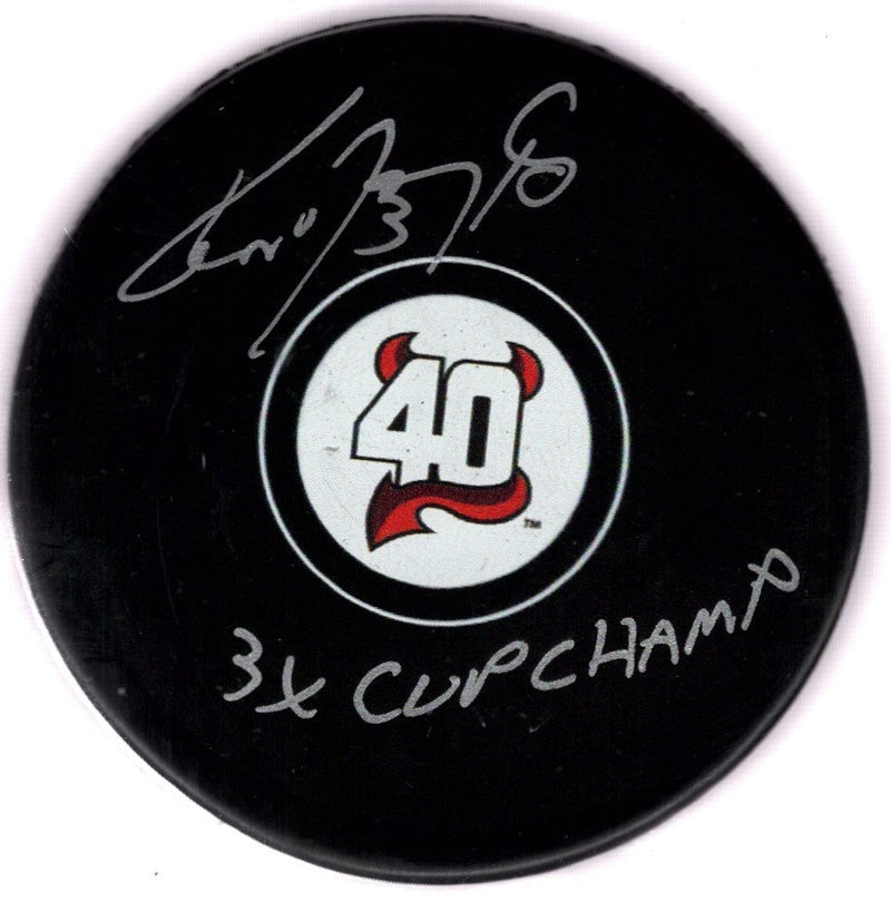 Ken Daneyko Signed Devils 40th Anniversary Logo Puck w/ 3x Cup Champ JSA Wit COA