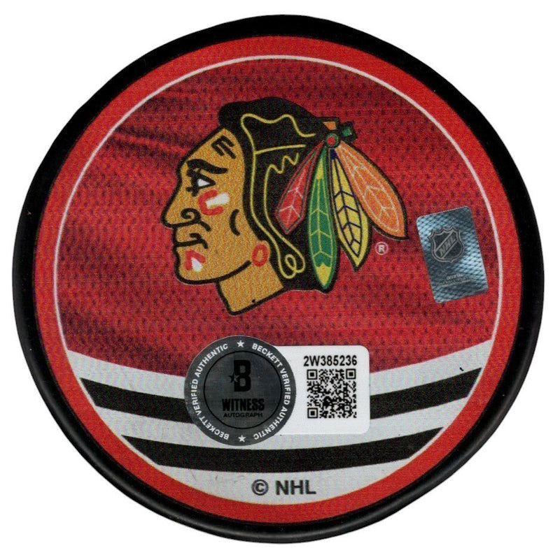Ed Belfour Signed Chicago Blackhawks Reverse Retro Puck Beckett Witness BAS COA