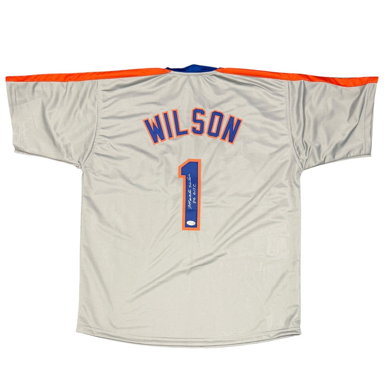 Mookie Wilson Signed New York Mets Grey Custom Jersey w/ 86 WSC JSA Witness COA