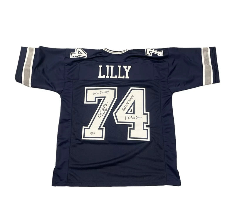 Bob Lilly Signed Dallas Cowboys Navy Custom Jersey w/ 4 Ins Beckett Wit BAS COA