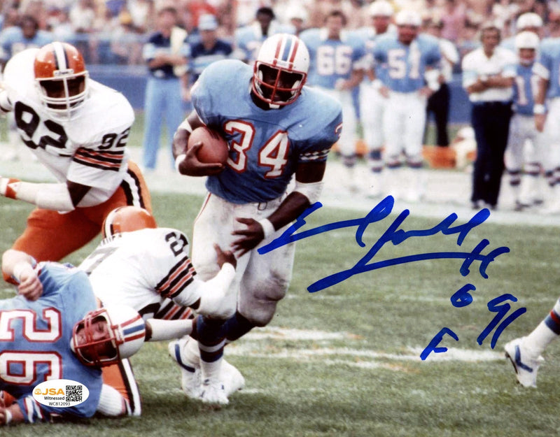 Earl Campbell Signed Houston Oilers 8x10 Photo w/ HOF 91 JSA Witness COA #1