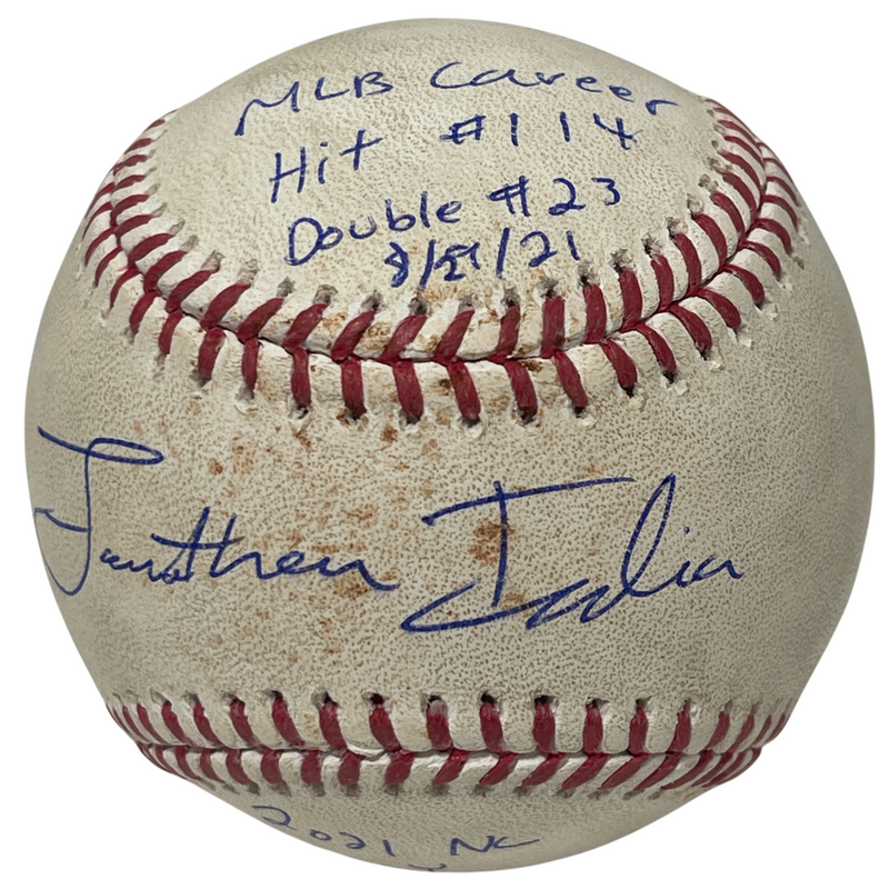 Jonathan India Signed 2021 Rookie Game Used Double Hit Baseball w/ Insc. PSA COA