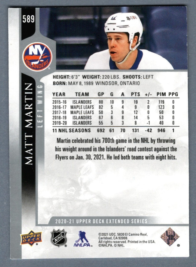 Matt Martin Signed 2020-21 Upper Deck Extended #589 LSCM COA New York Islanders