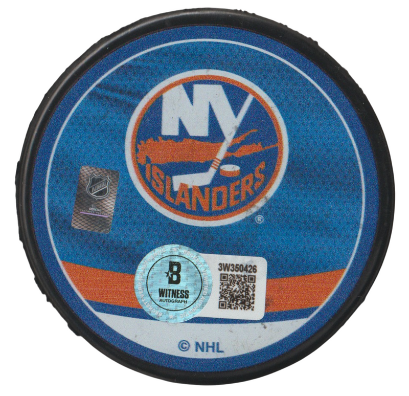 Bryan Trottier Signed Islanders Reverse Retro Puck w/ HOF 97 Beckett Wit BAS COA