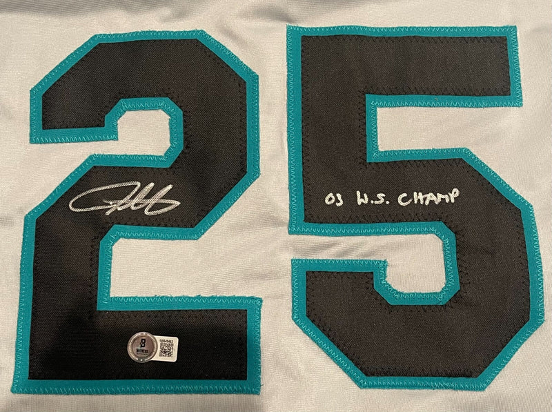 Derrek Lee Signed Florida Marlins Custom Jersey w 03 WS Champs Beckett W BAS COA