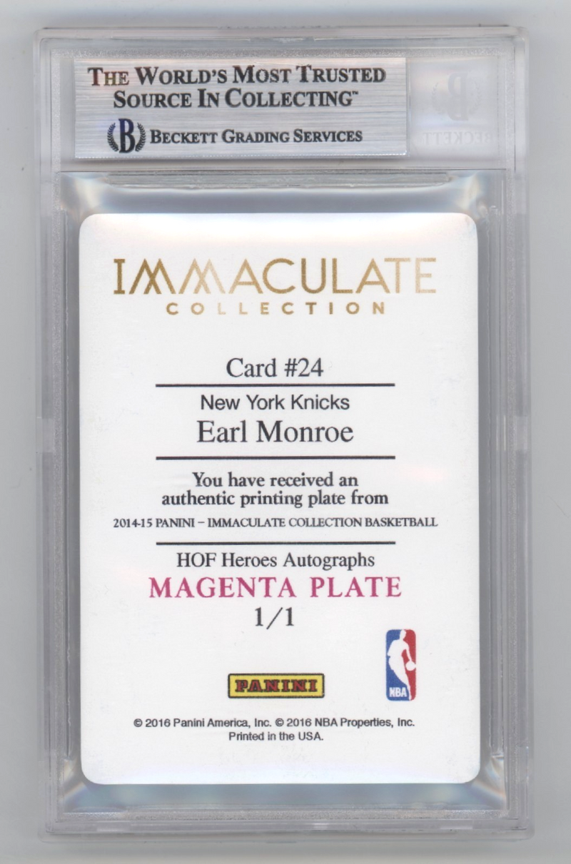 Earl Monroe 2013-14 Immaculate Printing Plate #1/1 Signed w/ The Pearl BAS Auto