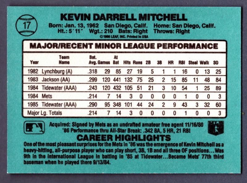 Kevin Mitchell Signed 1986 Donruss #17 The Rookies RC LSCM COA New York Mets