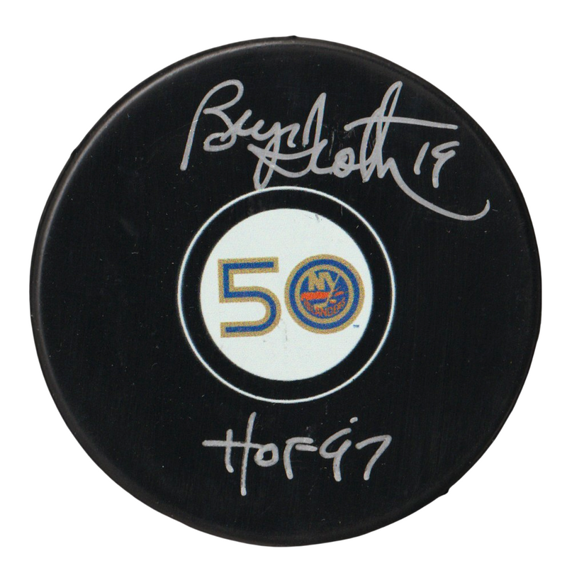 Bryan Trottier Signed Islanders 50th Ann Puck w/ HOF 97 Beckett Witness BAS COA