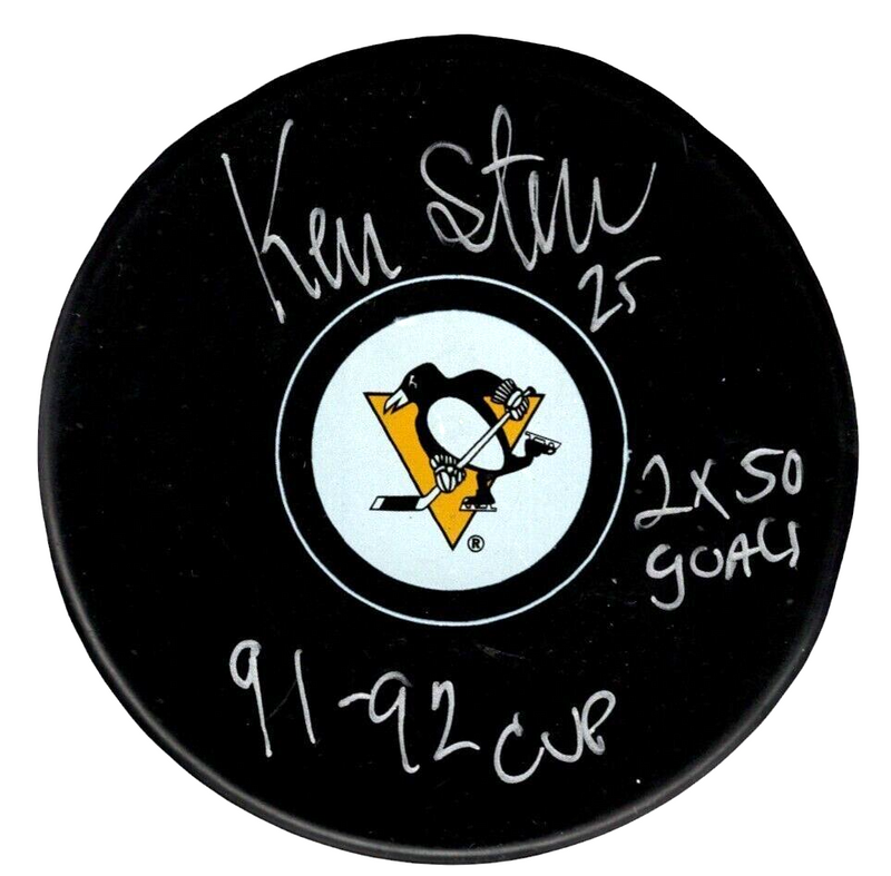 Kevin Stevens Signed Penguins Puck w/ 91-92 Cup 2x 50 Goal Beckett Wit BAS COA