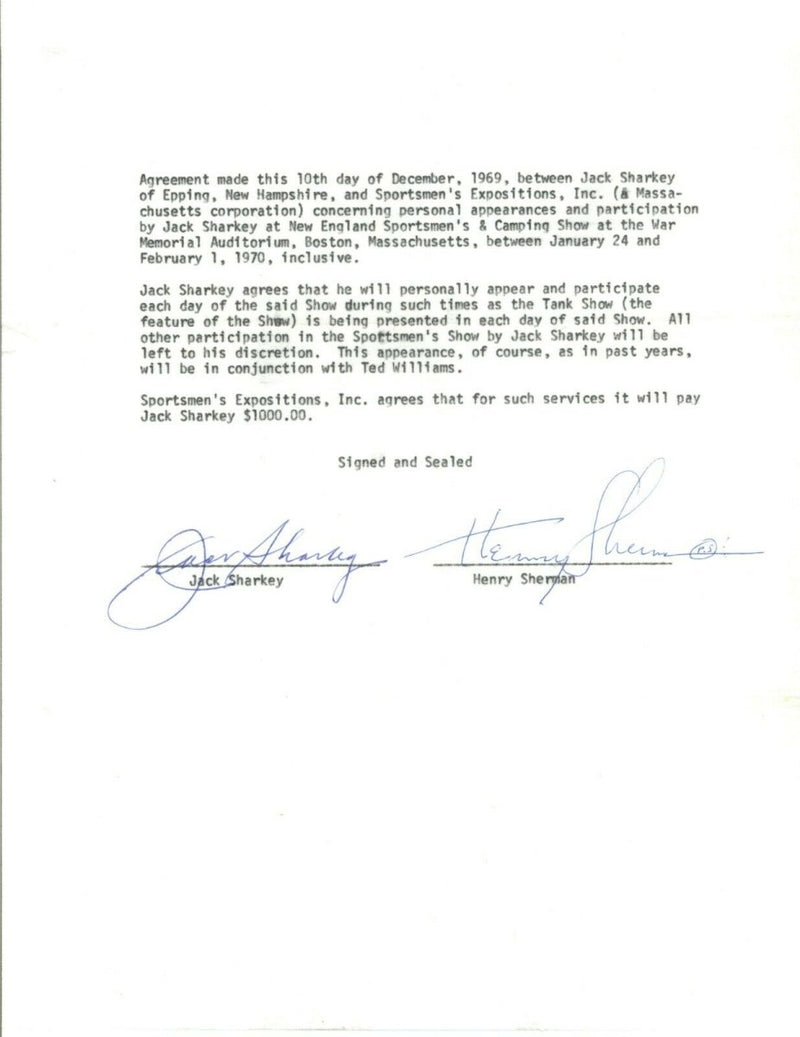 Jack Sharkey signed autographed Appearance contract Fly Fishing  Boxer  JSA